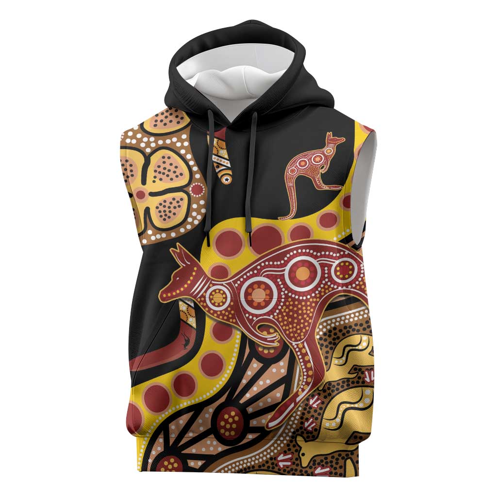 Kangaroo Australia Sleeveless Hoodie Aussie Aboriginal Dot Art