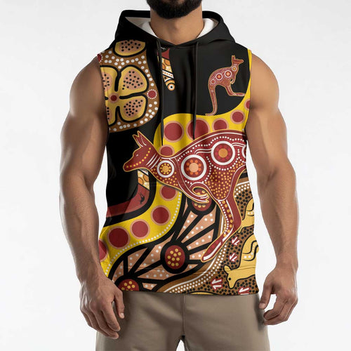 Kangaroo Australia Sleeveless Hoodie Aussie Aboriginal Dot Art