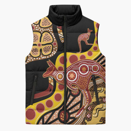 Kangaroo Australia Sleeveless Puffer Jacket Aussie Aboriginal Dot Art