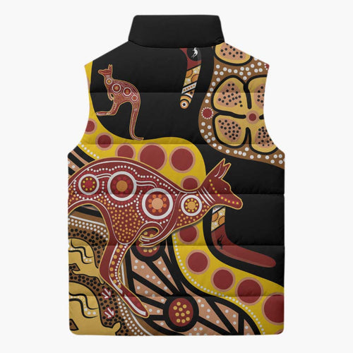 Kangaroo Australia Sleeveless Puffer Jacket Aussie Aboriginal Dot Art