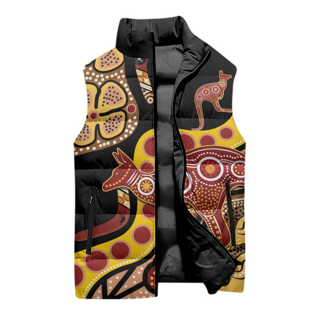 Kangaroo Australia Sleeveless Puffer Jacket Aussie Aboriginal Dot Art