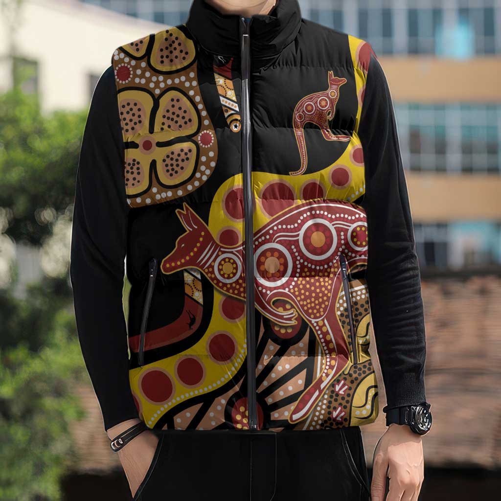 Kangaroo Australia Sleeveless Puffer Jacket Aussie Aboriginal Dot Art