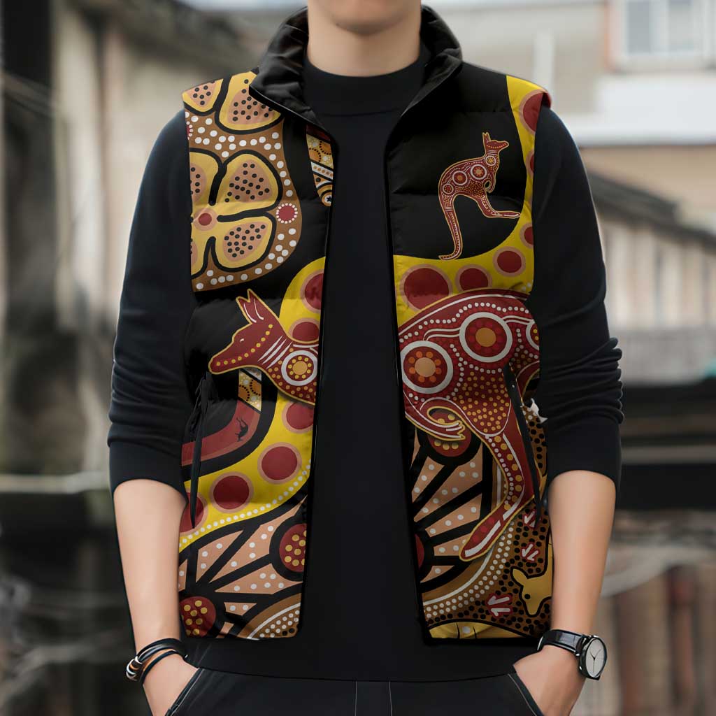 Kangaroo Australia Sleeveless Puffer Jacket Aussie Aboriginal Dot Art