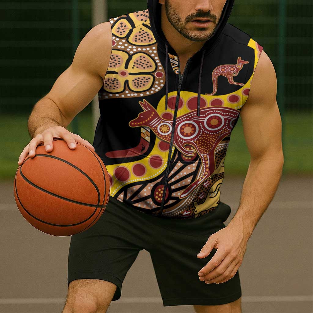 Kangaroo Australia Sleeveless Zip Hoodie Aussie Aboriginal Dot Art