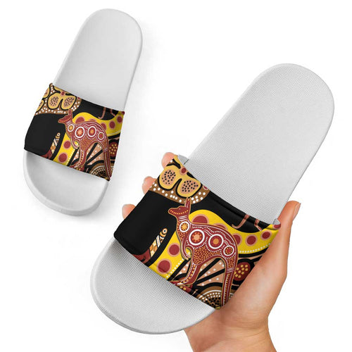 Kangaroo Australia Slide Sandals Aussie Aboriginal Dot Art