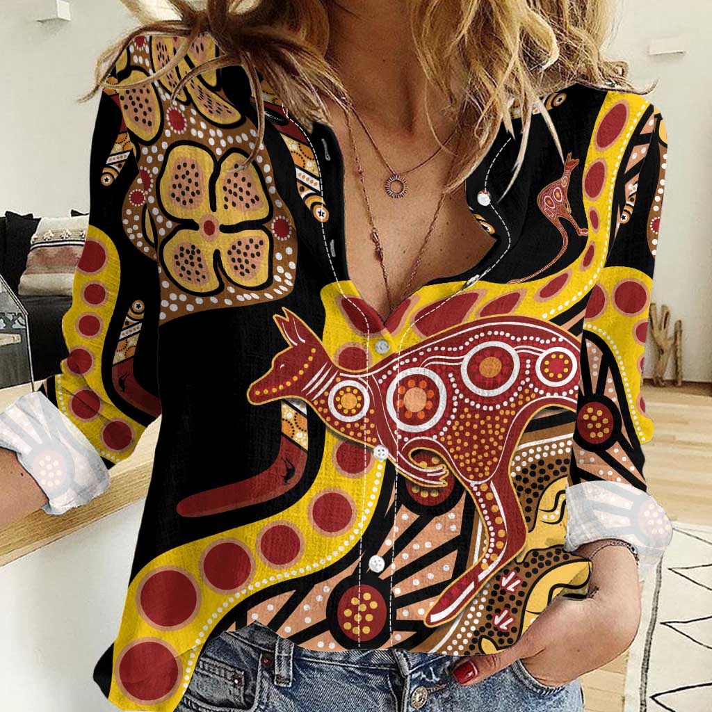 Kangaroo Australia Women Casual Shirt Aussie Aboriginal Dot Art