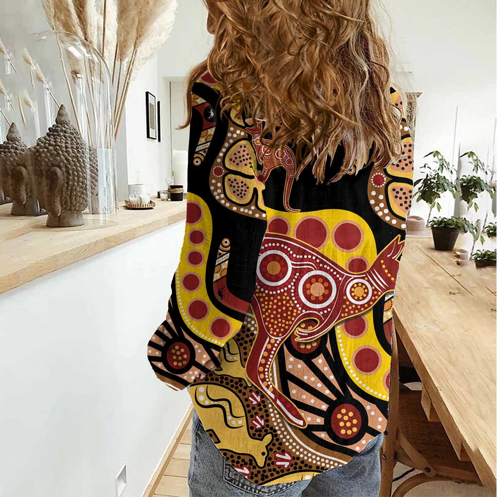 Kangaroo Australia Women Casual Shirt Aussie Aboriginal Dot Art