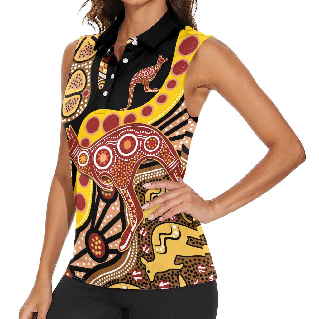 Kangaroo Australia Women Sleeveless Polo Shirt Aussie Aboriginal Dot Art