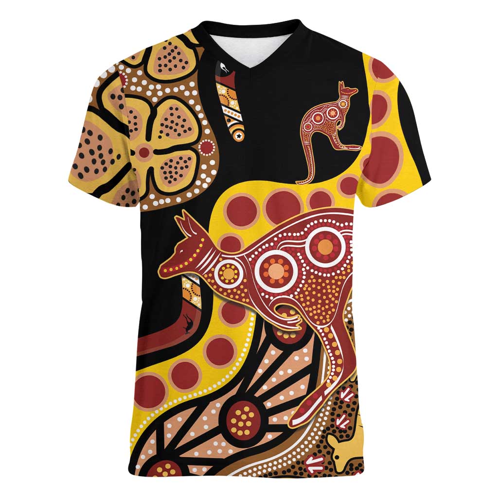 Kangaroo Australia Women V-Neck T-Shirt Aussie Aboriginal Dot Art