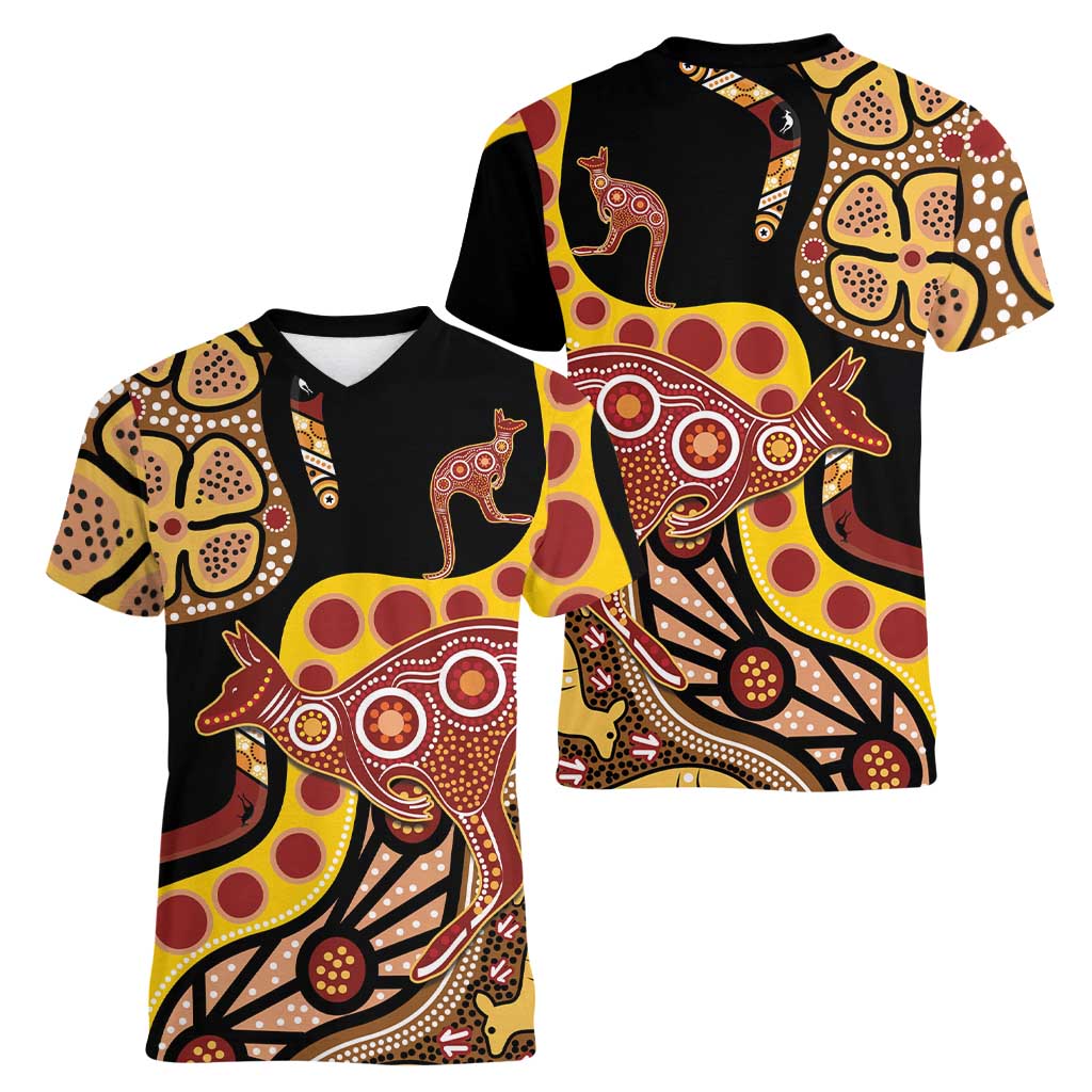 Kangaroo Australia Women V-Neck T-Shirt Aussie Aboriginal Dot Art