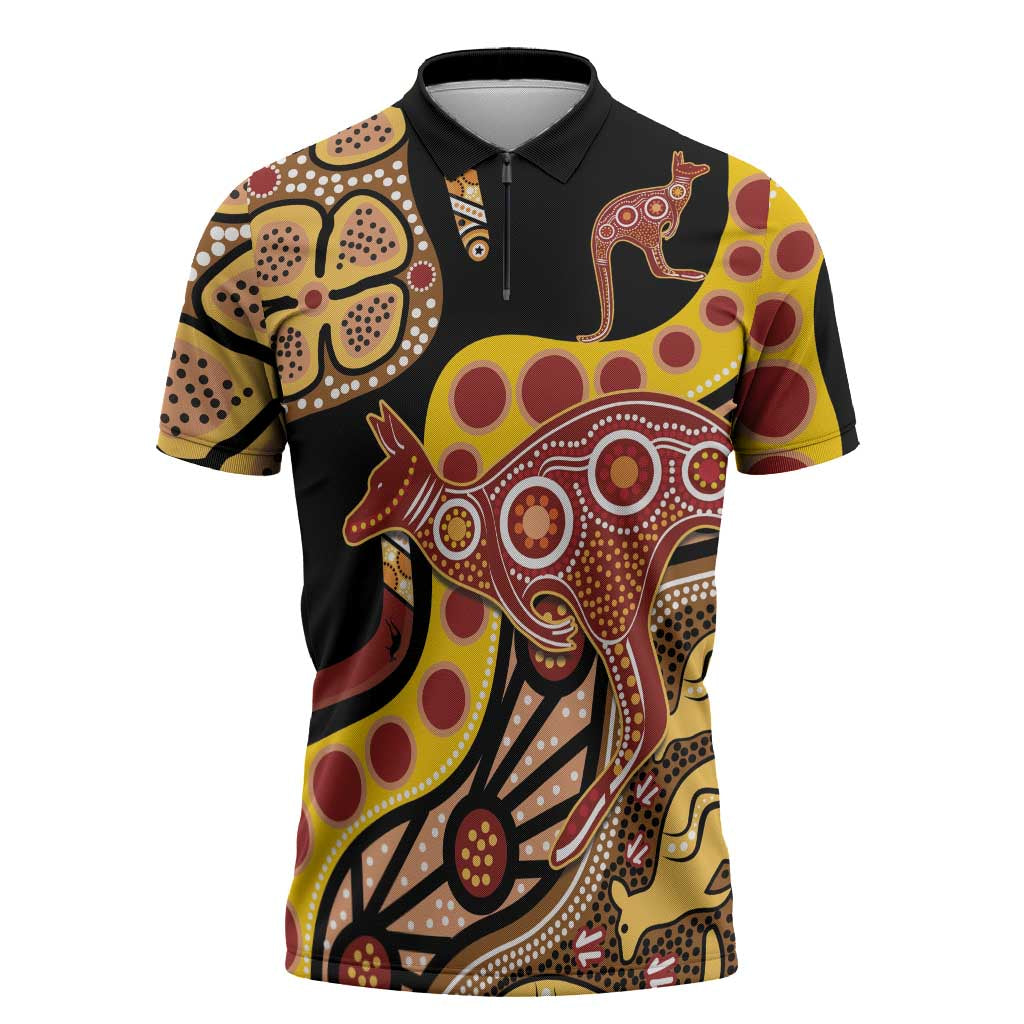 Kangaroo Australia Zipper Polo Shirt Aussie Aboriginal Dot Art