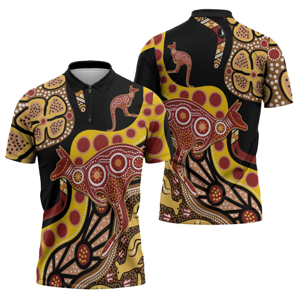 Kangaroo Australia Zipper Polo Shirt Aussie Aboriginal Dot Art