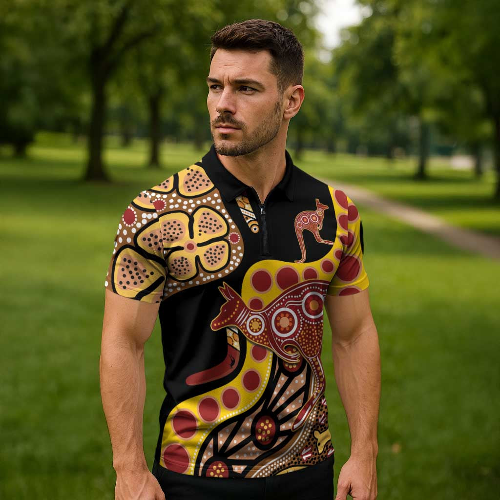 Kangaroo Australia Zipper Polo Shirt Aussie Aboriginal Dot Art