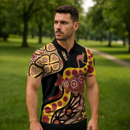 Kangaroo Australia Zipper Polo Shirt Aussie Aboriginal Dot Art