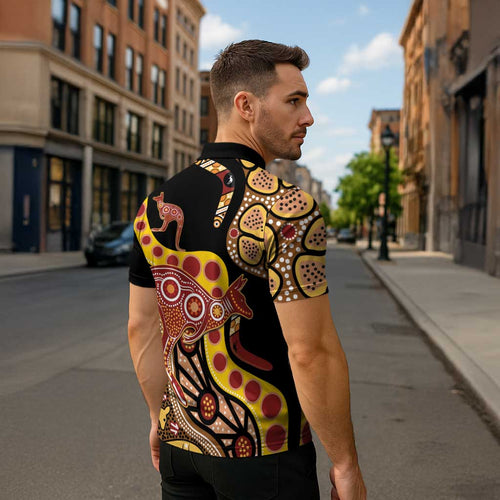 Kangaroo Australia Zipper Polo Shirt Aussie Aboriginal Dot Art