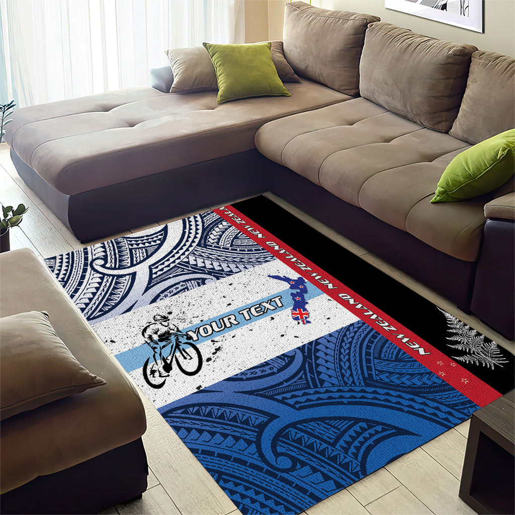 Personalised Cycling New Zealand Area Rug Aotearoa Map Fern Maori Pattern