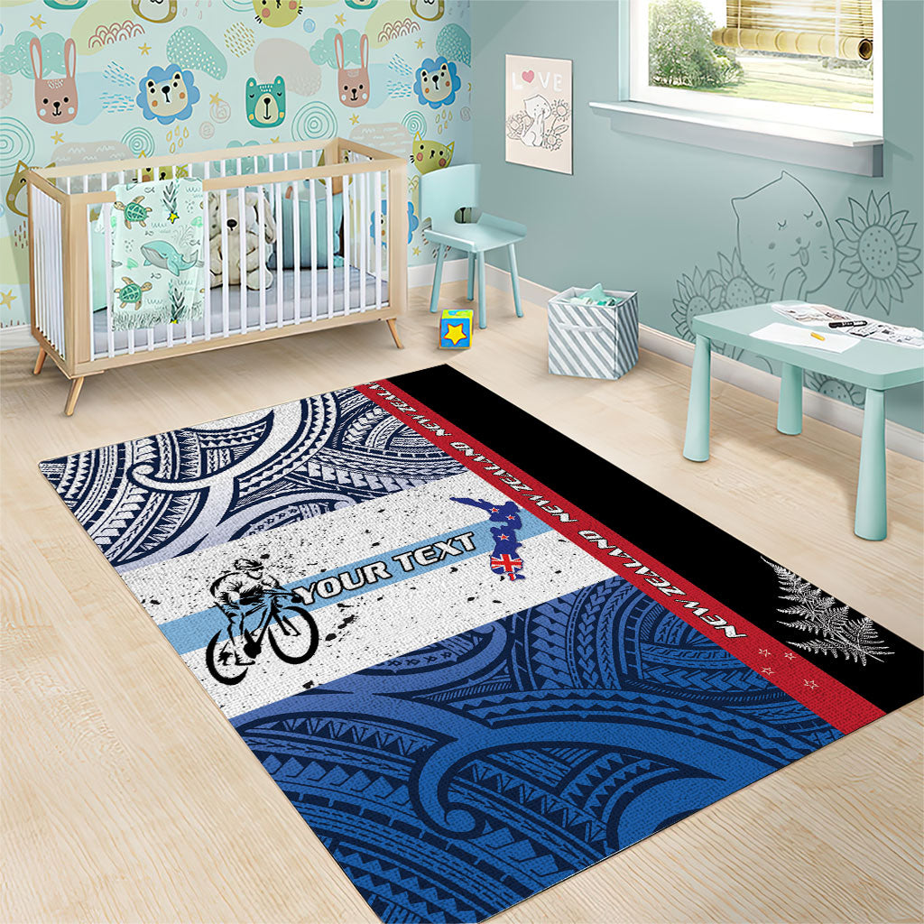 Personalised Cycling New Zealand Area Rug Aotearoa Map Fern Maori Pattern