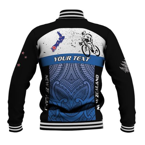 Personalised Cycling New Zealand Baseball Jacket Aotearoa Map Fern Maori Pattern