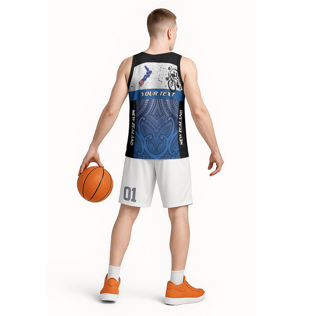 Personalised Cycling New Zealand Basketball Jersey Aotearoa Map Fern Maori Pattern