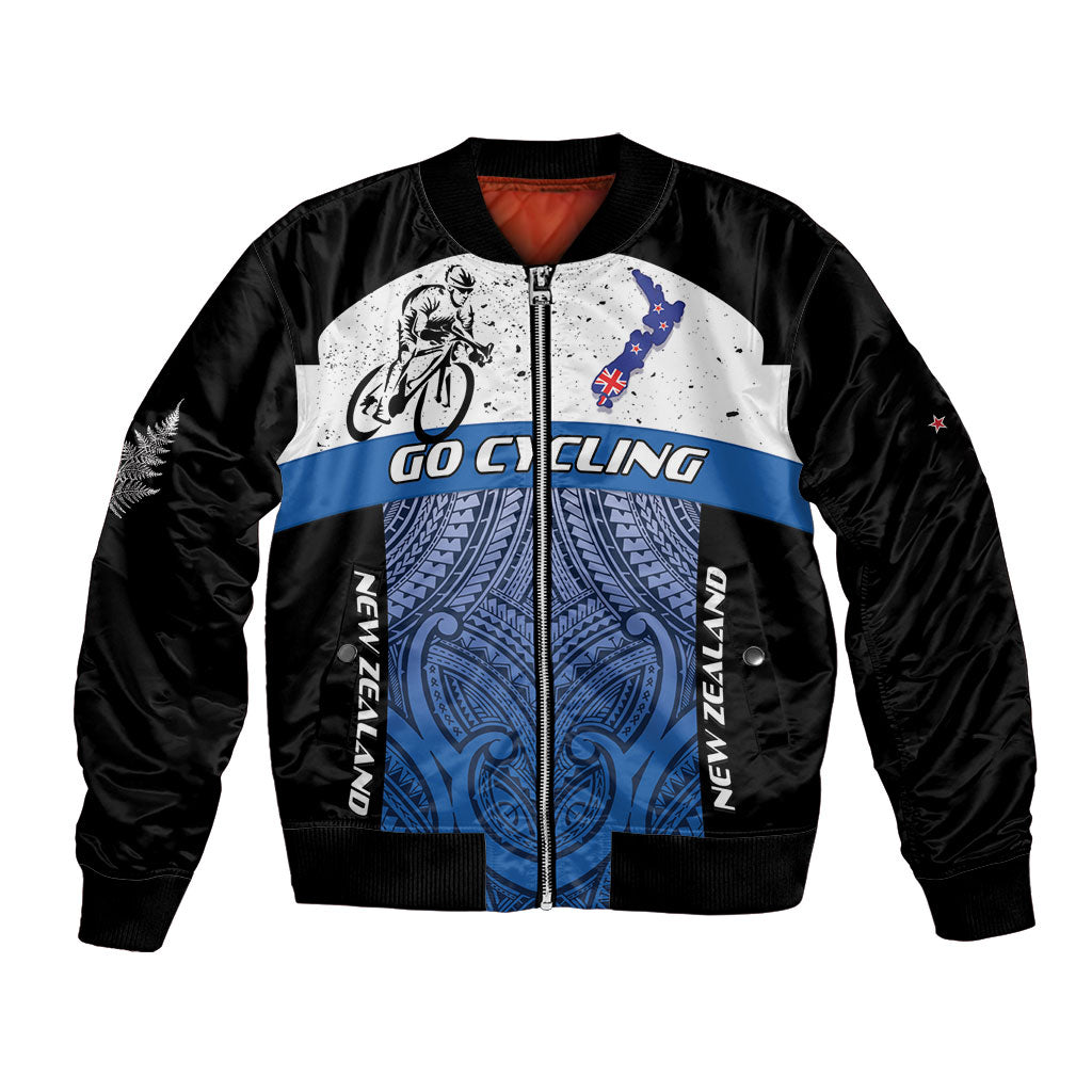 Personalised Cycling New Zealand Bomber Jacket Aotearoa Map Fern Maori Pattern