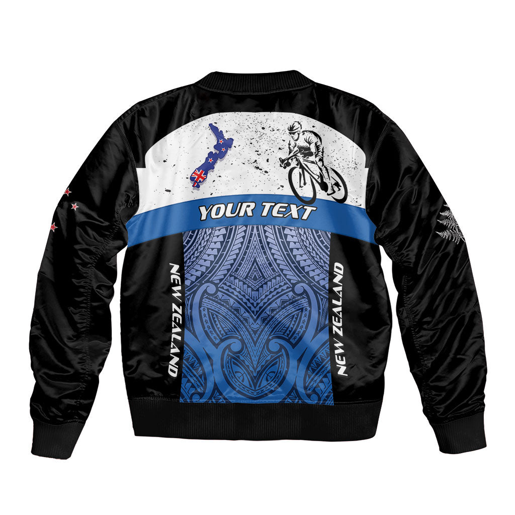 Personalised Cycling New Zealand Bomber Jacket Aotearoa Map Fern Maori Pattern