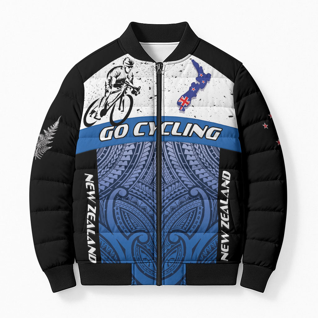 Personalised Cycling New Zealand Bomber Puffer Jacket Aotearoa Map Fern Maori Pattern