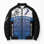 Personalised Cycling New Zealand Bomber Puffer Jacket Aotearoa Map Fern Maori Pattern