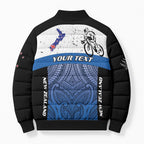 Personalised Cycling New Zealand Bomber Puffer Jacket Aotearoa Map Fern Maori Pattern