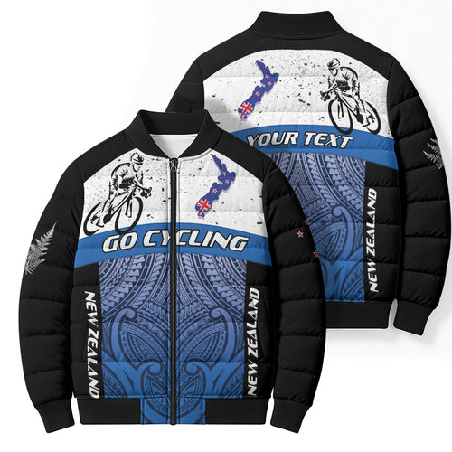 Personalised Cycling New Zealand Bomber Puffer Jacket Aotearoa Map Fern Maori Pattern
