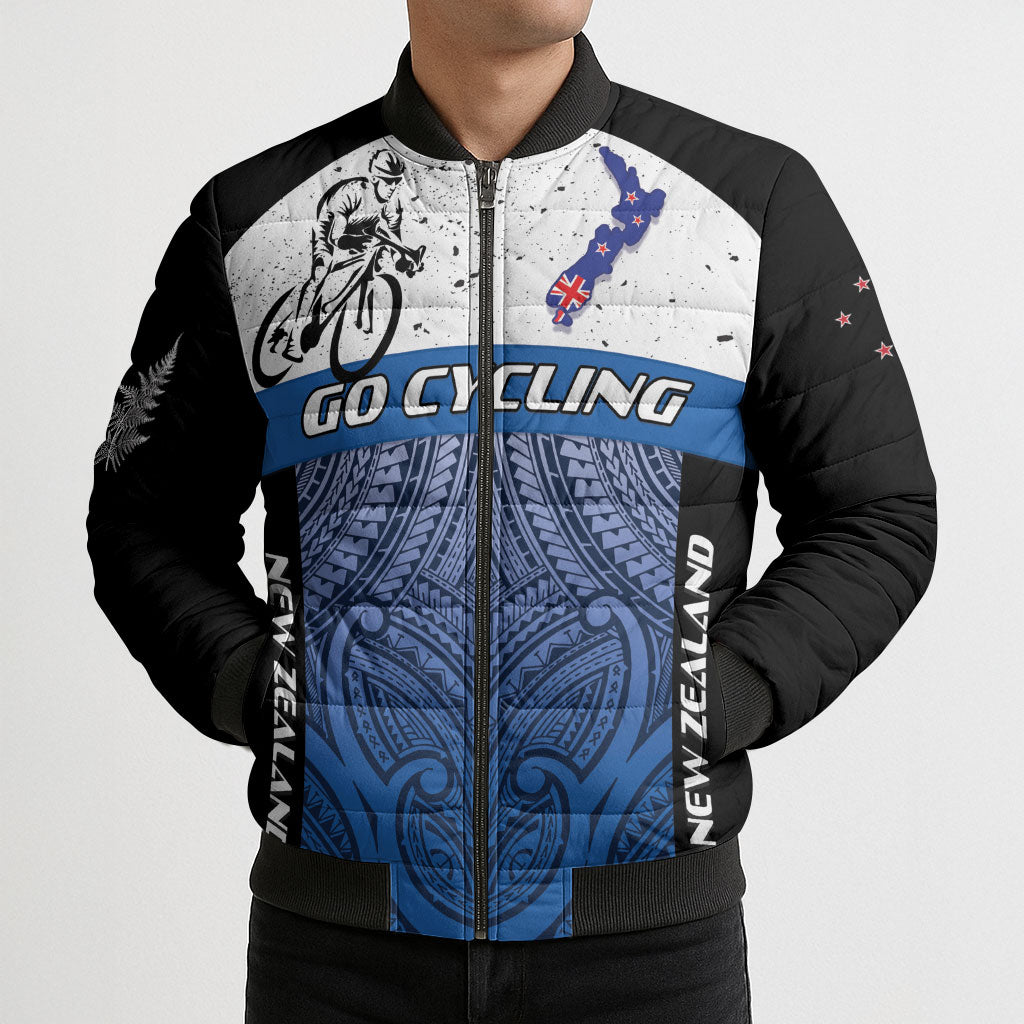 Personalised Cycling New Zealand Bomber Puffer Jacket Aotearoa Map Fern Maori Pattern