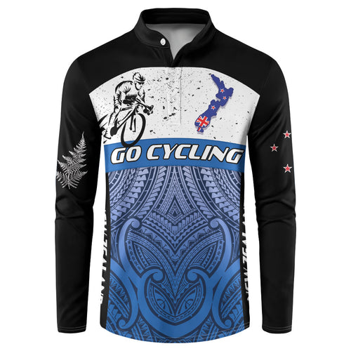 Personalised Cycling New Zealand Button Sweatshirt Aotearoa Map Fern Maori Pattern