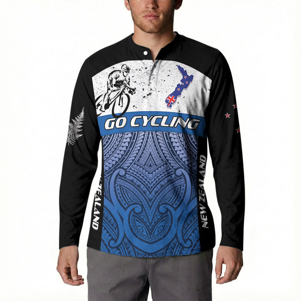 Personalised Cycling New Zealand Button Sweatshirt Aotearoa Map Fern Maori Pattern