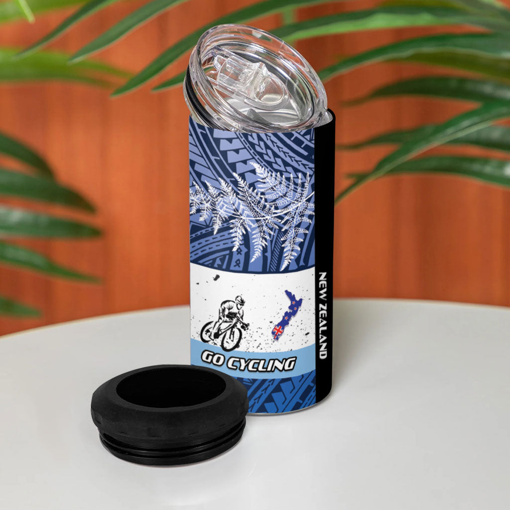 Personalised Cycling New Zealand 4 in 1 Can Cooler Tumbler Aotearoa Map Fern Maori Pattern