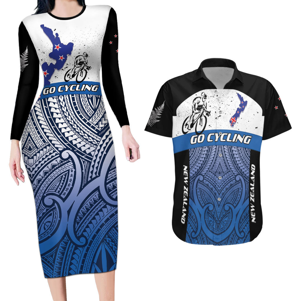 Personalised Cycling New Zealand Couples Matching Long Sleeve Bodycon Dress and Hawaiian Shirt Aotearoa Map Fern Maori Pattern