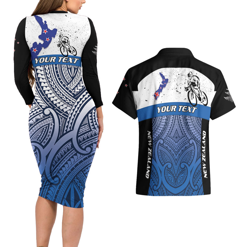 Personalised Cycling New Zealand Couples Matching Long Sleeve Bodycon Dress and Hawaiian Shirt Aotearoa Map Fern Maori Pattern