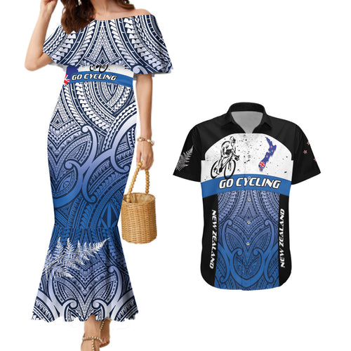 Personalised Cycling New Zealand Couples Matching Mermaid Dress and Hawaiian Shirt Aotearoa Map Fern Maori Pattern