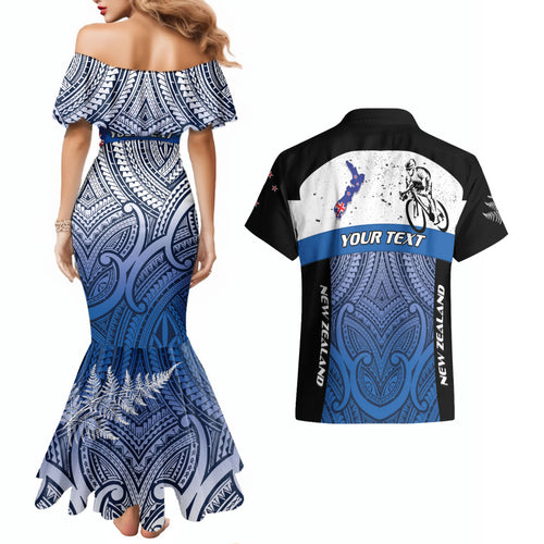 Personalised Cycling New Zealand Couples Matching Mermaid Dress and Hawaiian Shirt Aotearoa Map Fern Maori Pattern