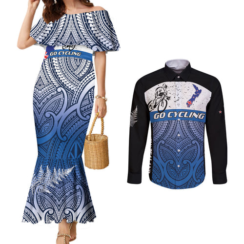 Personalised Cycling New Zealand Couples Matching Mermaid Dress and Long Sleeve Button Shirt Aotearoa Map Fern Maori Pattern