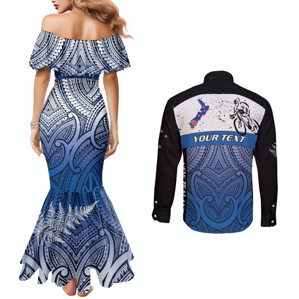 Personalised Cycling New Zealand Couples Matching Mermaid Dress and Long Sleeve Button Shirt Aotearoa Map Fern Maori Pattern