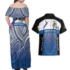 Personalised Cycling New Zealand Couples Matching Off Shoulder Maxi Dress and Hawaiian Shirt Aotearoa Map Fern Maori Pattern