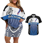 Personalised Cycling New Zealand Couples Matching Off Shoulder Short Dress and Hawaiian Shirt Aotearoa Map Fern Maori Pattern