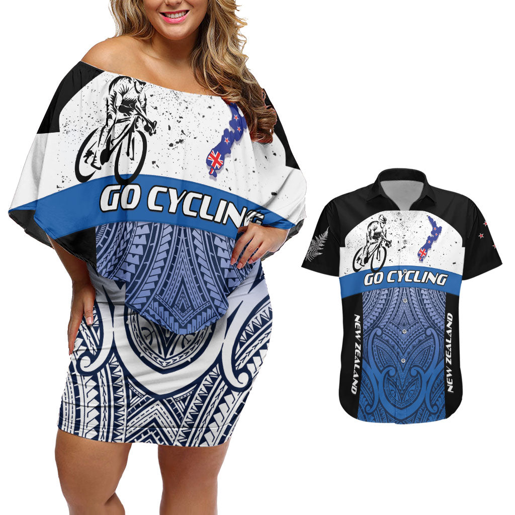 Personalised Cycling New Zealand Couples Matching Off Shoulder Short Dress and Hawaiian Shirt Aotearoa Map Fern Maori Pattern