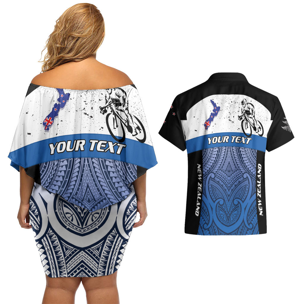 Personalised Cycling New Zealand Couples Matching Off Shoulder Short Dress and Hawaiian Shirt Aotearoa Map Fern Maori Pattern