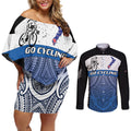 Personalised Cycling New Zealand Couples Matching Off Shoulder Short Dress and Long Sleeve Button Shirt Aotearoa Map Fern Maori Pattern