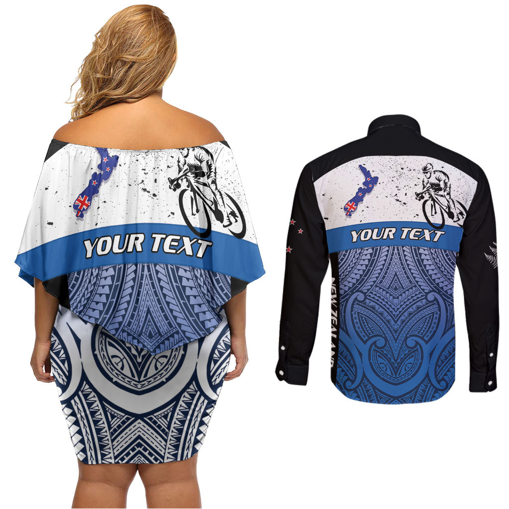 Personalised Cycling New Zealand Couples Matching Off Shoulder Short Dress and Long Sleeve Button Shirt Aotearoa Map Fern Maori Pattern