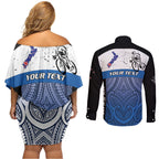 Personalised Cycling New Zealand Couples Matching Off Shoulder Short Dress and Long Sleeve Button Shirt Aotearoa Map Fern Maori Pattern