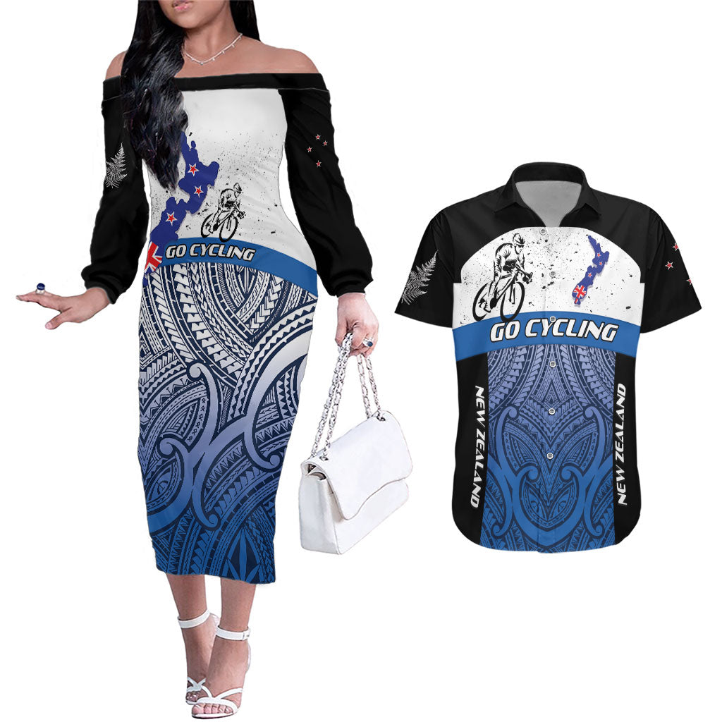 Personalised Cycling New Zealand Couples Matching Off The Shoulder Long Sleeve Dress and Hawaiian Shirt Aotearoa Map Fern Maori Pattern