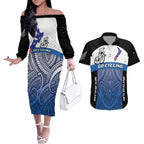 Personalised Cycling New Zealand Couples Matching Off The Shoulder Long Sleeve Dress and Hawaiian Shirt Aotearoa Map Fern Maori Pattern