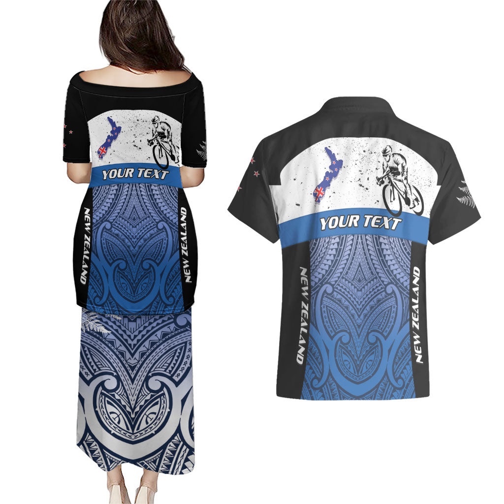 Personalised Cycling New Zealand Couples Matching Puletasi and Hawaiian Shirt Aotearoa Map Fern Maori Pattern