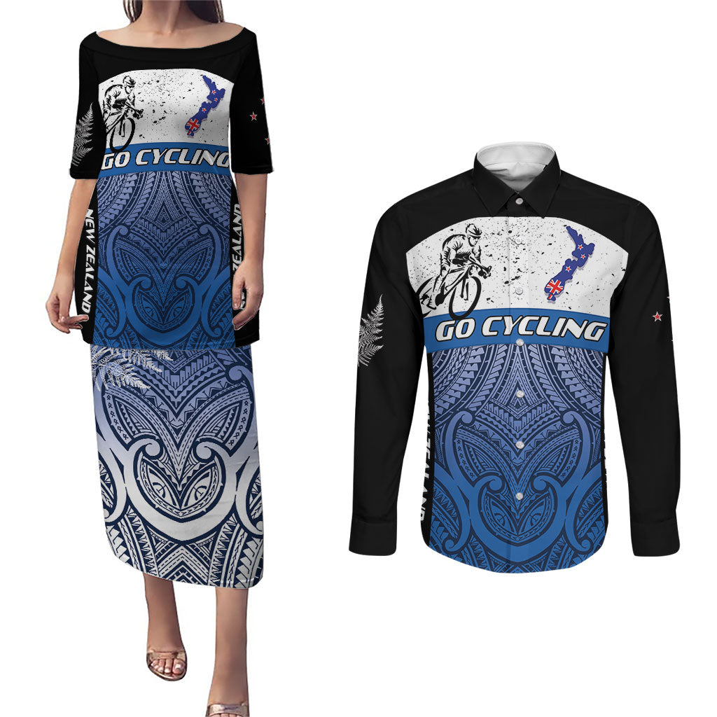 Personalised Cycling New Zealand Couples Matching Puletasi and Long Sleeve Button Shirt Aotearoa Map Fern Maori Pattern